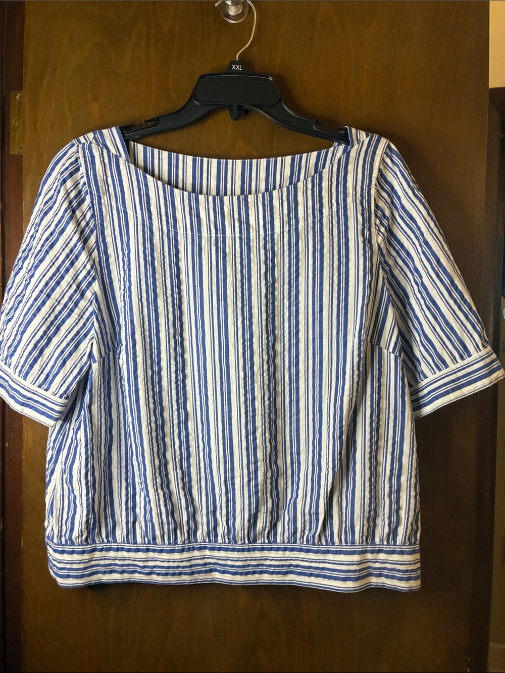 Halogen Blue and White Striped Cotton-Blend Boatneck Top
